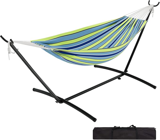 Double Hammock,Outdoor Portable Hammocks, Heavy Duty Hammock with Space Saving Steel Stand Included and Carry Bag, 450lb Capacity Standing Hammocks for Outside Garden Yard