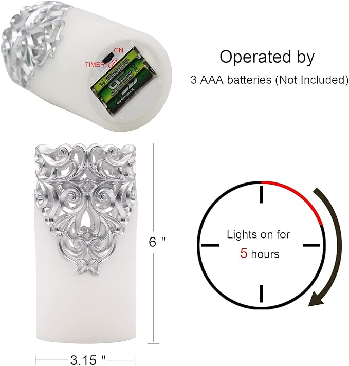 DRomance Hollow Silver Flameless Flickering Candles with 5H Timer, Battery Operated LED Pillar Candles Unscented Wax Warm Light Christmas Home Decoration(Set of 2, 3 x 6 Inches)