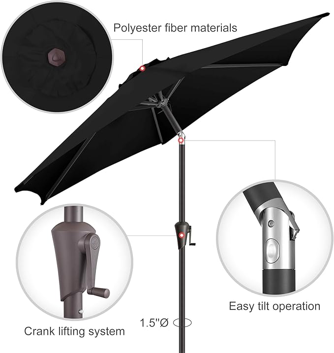 10ft Patio Umbrella Outdoor - Table Umbrella with 6 Sturdy Ribs, Market Umbrella with Push Button Tilt, UV Protection for Pool, Porch, Garden, Deck, Backyard (Black)