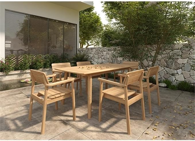 Pemberly Row Traditional Rectangular Teak Outdoor Dining Table, Natural Finish, 71 x 35.5 x 29.5 in, Premium Teak Construction, Weather-Resistant Patio Table for Backyard or Garden Dining Use