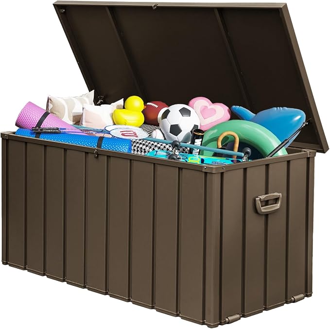 Domi 160Gallon Deck Box, Metal Outdoor Storage Box with Lock Wheels, Waterproof Outside Storage Box for Patio Cushions