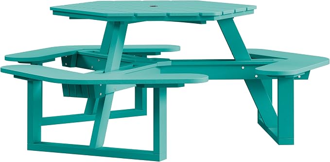 Shoreline Made in USA Hexagon Picnic Table, Seating for 6, Seaglass Blue