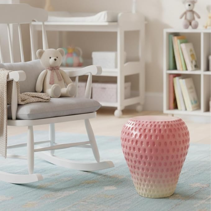 Realistic Fruit Stool, Small Resin Footrest Side Table, Indoor/Outdoor Decorative Plant Seat for Garden, Patio, Playroom, Kids' Room, Weather-Resistant (Pink Strawberry)