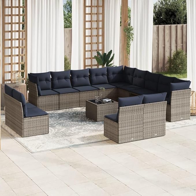 vidaXL Patio Sofa Set with Cushions 14 Piece, Sectional Sofa with Glass Table, Outdoor Conversation Set, Modern Style, Gray Poly Rattan
