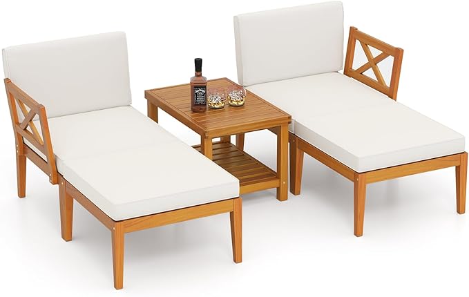HAPPYGRILL 5 Pieces Acacia Wood Patio Chaise Lounge Chair Set with Ottoman, Outdoor Patio Furniture Set with Cushions and 2-Tier Coffee Table, Outdoor Sectional Conversation Sofa Set for Garden
