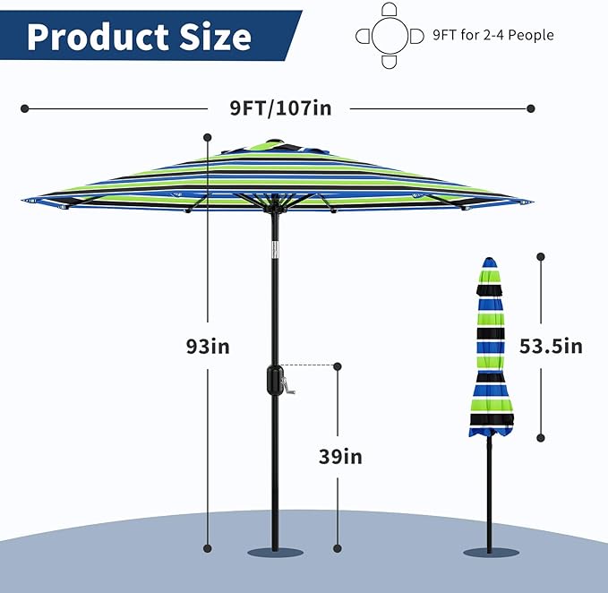 GarveeLife 9FT Patio Umbrella Outdoor, Table Umbrella with Push Button Tilt and Crank, 8 Sturdy Ribs UV Protection Waterproof for Garden, Pool, Market, Deck