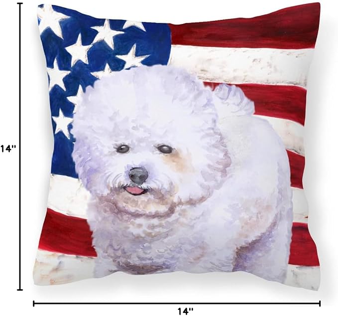 Caroline's Treasures BB9648PW1414 Bichon Frise Patriotic Fabric Decorative Pillow Machine Washable, Indoor Outdoor Decorative Pillow for Couch, Bed or Patio, 14Hx14W