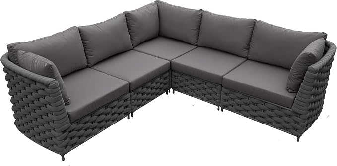 TWT 6-Piece Modular Outdoor Sectional Sofa Set, 5-Seater Woven Rope Patio Conversation Set with Coffee Table, Water-Resistant Cushions, for Backyard Balcony Deck,Dark Gray