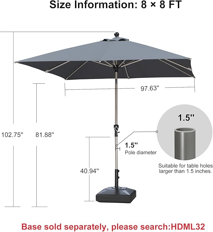PURPLE LEAF 8' x 8' Square Patio Umbrella with Tilt Adjustment, Outdoor Table Umbrella Champagne Aluminum Frame, Market Umbrella Pool Umbrella for Deck Garden, Patio, or Lawn