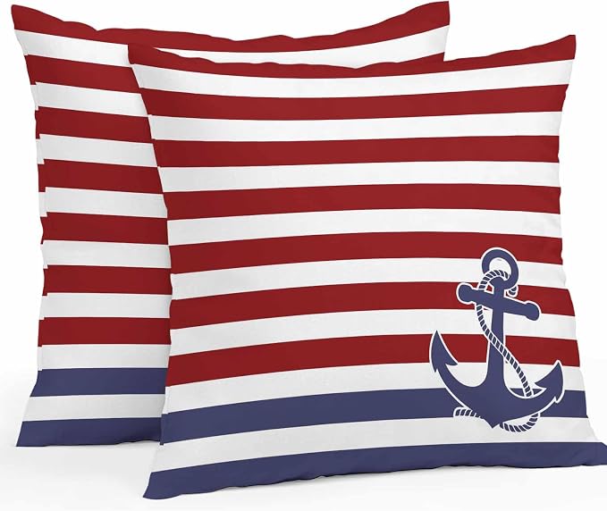 Throw Pillow Covers 26x26 Inch Set of 2, Anchor Red Waterproof Outdoor Cushion Covers, Modern Navy Blue White Striped Nautical Decorative Pillowcases for Couch, Sofa, Bed, Garden, Patio
