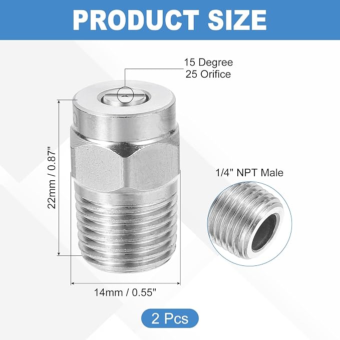 uxcell 2Pcs Pressure Washer Nozzle, Stainless Steel Thread Nozzles Tips, Universal Replacement for Undercarriage Cleaner Water Broom, 1/4 Inch NPT Male, 15 Degree 025 Orifice