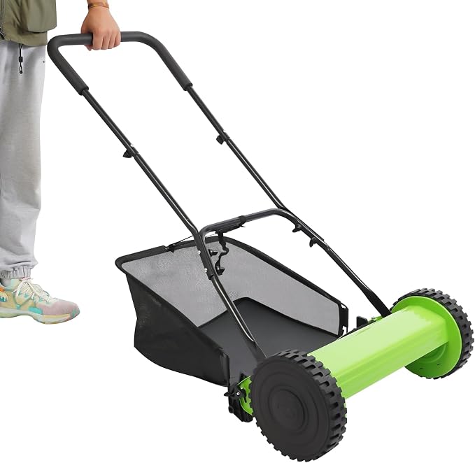 Push Reel Lawn Mower 15.75-Inch Manual with Adjustable Height and Grass Catcher for Small Medium Lawns Yards Home Use