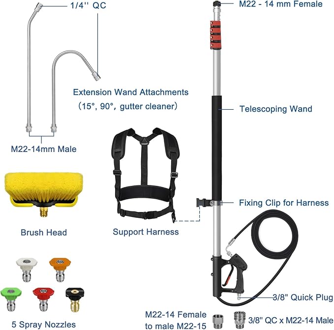 LidoDola 24FT Telescoping Pressure Washer Wand Kit - Extension Pole, Gutter Cleaner, Brush & 5 Nozzles for Roof, Deck, Vehicle, Sidings