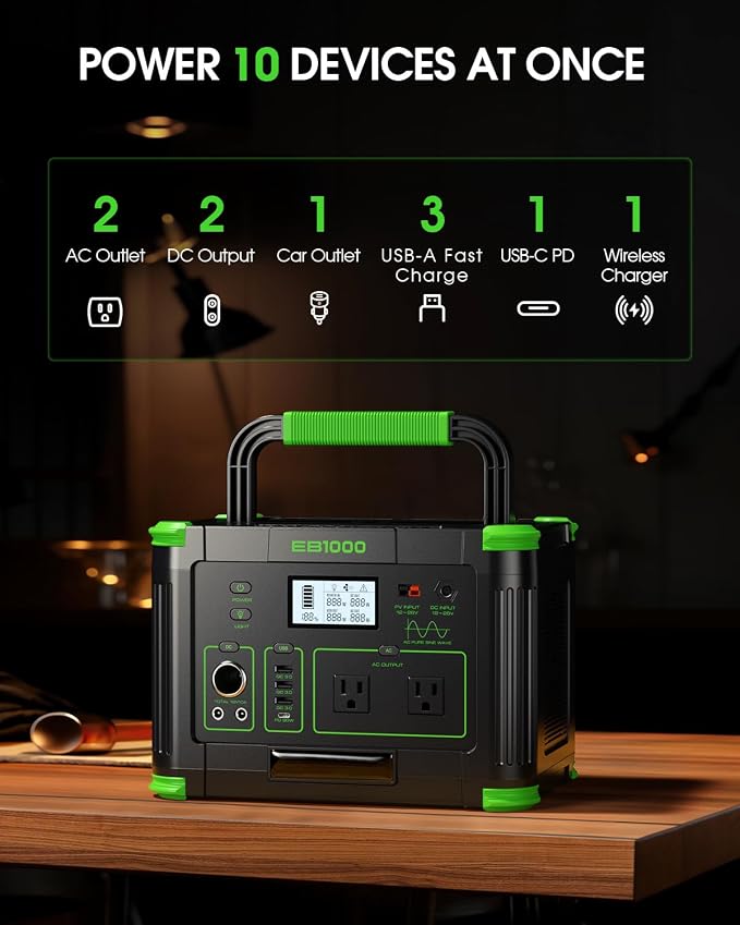 Portable Power Station 1000W (Peak 2000W), 999Wh Solar Generator with Pure Sine Wave AC Outlet, 60W USB-C PD, 10 Ports for Camping RV Van Home Backup Emergency Off-Grid Living