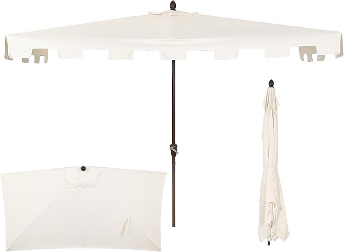JONATHAN Y Sidney Coastal 9 ft. Cream Half Umbrella for Outdoor Patio, Space-Saving Rectangular Wall Sun Shade with Crank Lift, UV Protection for Balcony, Deck, Dark Brown Pole UMB1200B