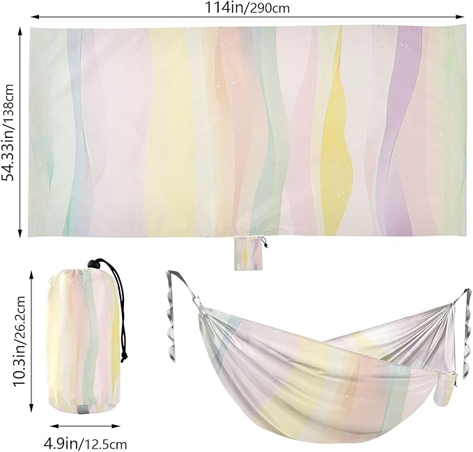 A Vertical Ai Illustration of Pastel Colors 330lb Capacity Camping Hammock with Hanging Rope Cloth Hammock for Outside Beach Patio Garden Silla hamacas para adultos