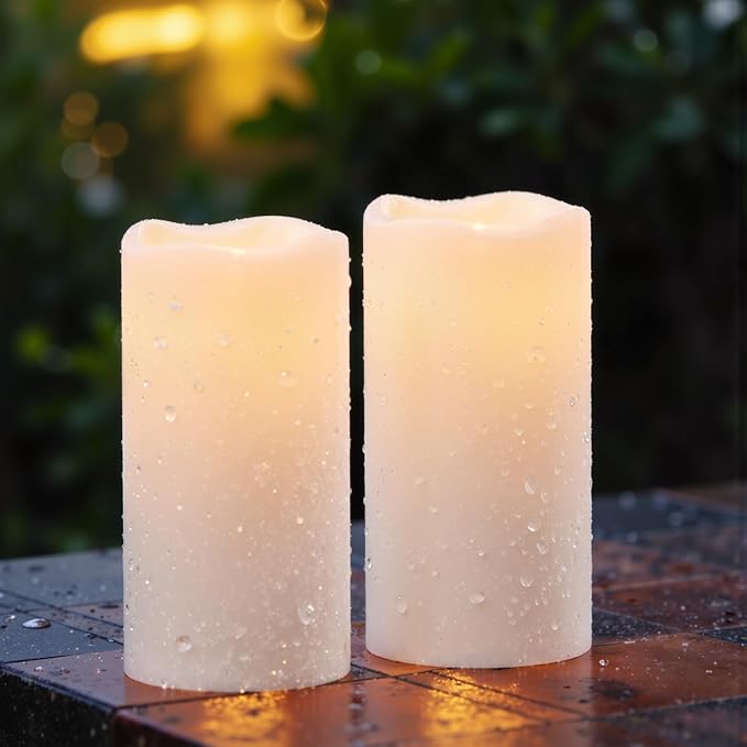 GenSwin Waterproof Outdoor Flameless Candles Battery Operated with Remote Timer, 4" x 8" Large LED Pillar Candles Flickering for Indoor Outdoor Lanterns, Long-Lasting, Waterproof (White, Set of 2)