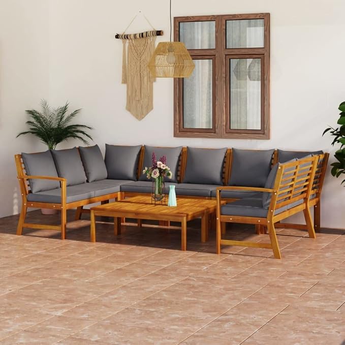 Patio Lounge Set with Cushion,Outdoor Patio Furniture,Outdoor Chat Conversation Set,Garden Furniture Sets,for Patio,Backyard,Garden,Outdoor,9 Piece Solid Acacia Wood