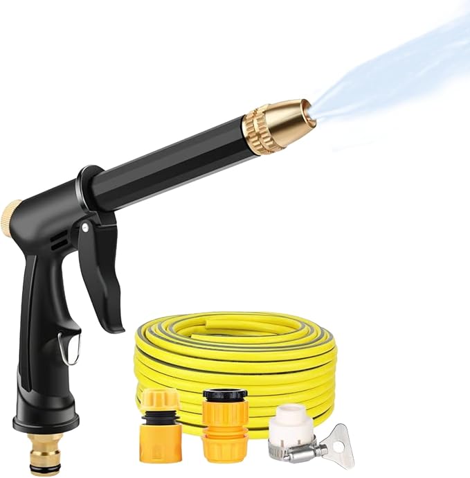 Sakerplus Multifunctional Car Wash Tool, 360° Adjustable Nozzle, High Pressure Water Hose Nozzle withTrigger Lock for Car Washing Patio Irrigation (H2 Long Spray Gun + 3 Connectors + 33FT(10m) Hose)