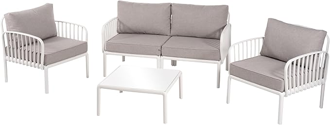 Christopher Knight Home Landon 4 Pieces Patio Conversation Set, Loveseat and Coffee Table Set, Accent Chairs, Club Chair with Cushion, Sofa Chair with Table Set for Balcony Garden, White+Light Gray