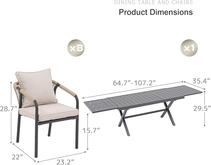 SUNSITT 9 Piece Outdoor Patio Dining Set, 65" - 107" Metal Expandable Outdoor Dining Table with X-Shape Legs, 8 Woven Wicker Patio Chairs w/Curved Backrest for Garden, Dark Grey