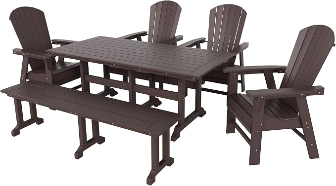WestinTrends Dylan Adirondack Patio Dining Set for 6, All Weather Poly Lumber Outdoor Table and Chairs Set of 4, 71" Trestle Table and Adirondack Dining Chair with Dining Bench, Dark Brown