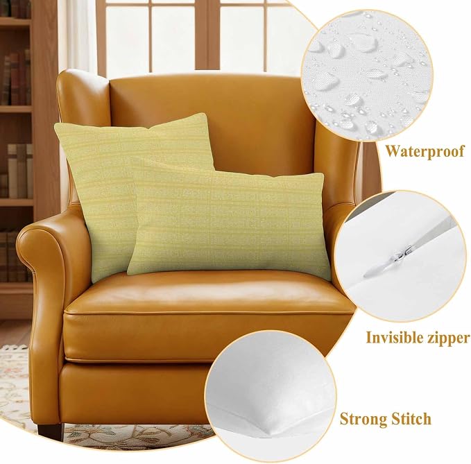 Outdoor Waterproof Throw Pillow Covers Set of 2 Yellow Stripes Grain Pillowcases 26x26 Inches Solid Color Decorative Pillows Cushion Case Patio Pillows for Couch Bed Chair Garden