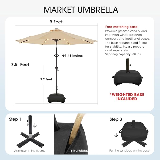 wikiwiki 9FT Solar Led Patio Umbrella with Base Included, 32 LED Lights, 8 Sturdy Ribs, Fade Resistant Waterproof POLYESTER DTY Canopy for Garden, Lawn, Deck, Backyard & Pool, Beige