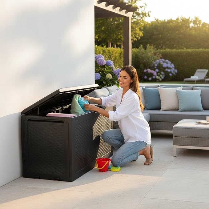Large Resin Deck Box, 70 Gal Outdoor Storage, Rattan Style, Lockable with Wheels, (Grey, 46" L x 22.4" W x 17.7" H)