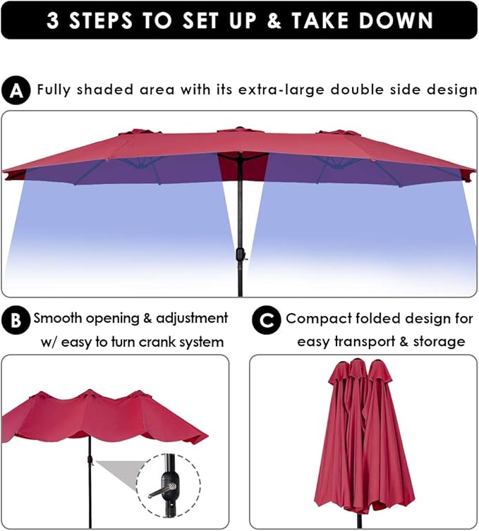 Tangkula 15 Ft Patio Umbrella Double-Sided Outdoor Market Table Umbrella with Crank (Wine Red)