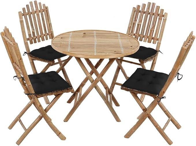 5 Piece Foldable Bamboo Patio Dining Set with Cushions, Folding Table and Chairs for Outdoor Use