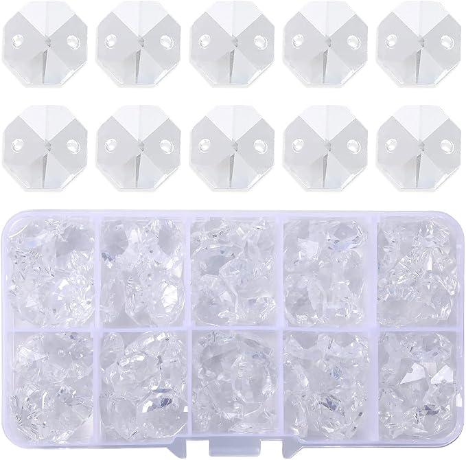 LONGWIN Lot 100pcs Clear Glass Octagon Beads for Crystal Chandelier Parts Replacement DIY Lamp Hanging Pendant Suncatcher