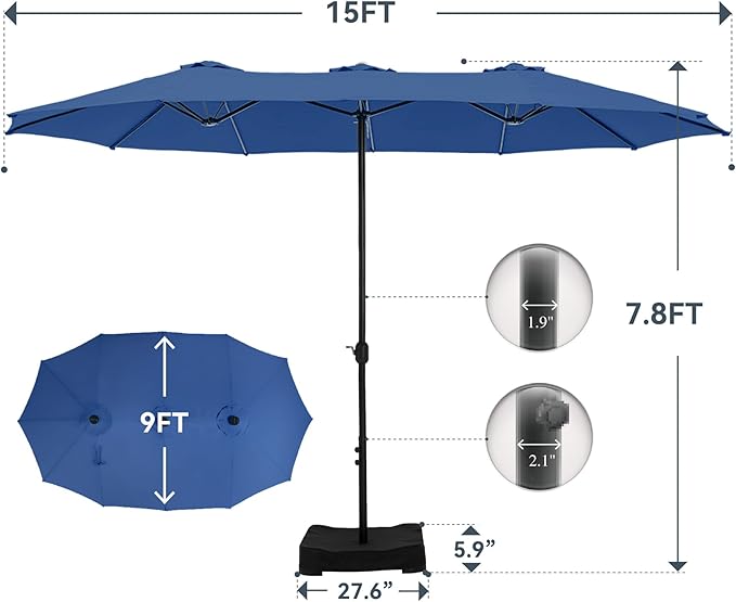 GREEN PARTY 15 ft Rectangular Patio Umbrella with Base Included, Large Double-Sided Outdoor Table Umbrella with Crank, 1.9" Pole UPF 50+ UV Resistant for Pool Deck Backyard Garden, Haze Blue