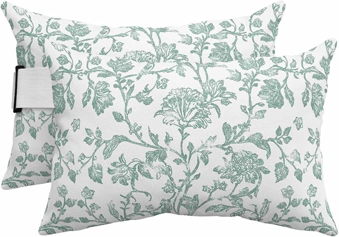 Pack of 4 Outdoor Lumbar Pillow Covers 11x16 Inch, Spring Flower Waterproof Throw Pillow Covers Set, Vintage Farmhouse Turquoise Boho Leaf Indoor&Outdoor Decorative Cushion Cases for Patio Porch Beach