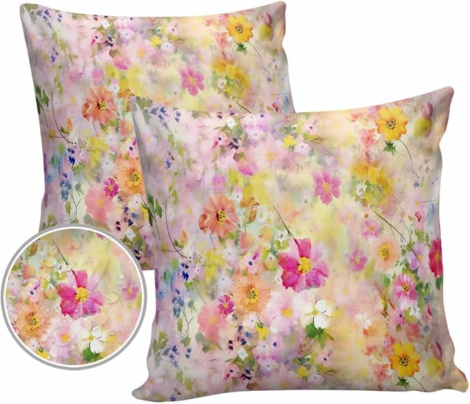 Abstract Outdoor Throw Pillow Covers Pack of 2, Spring Oil Painting Plant Colorful Flowers Waterproof Pillow Covers Pillowcase for Outside Furniture Bench Patio Garden Decorative, 20"x20"