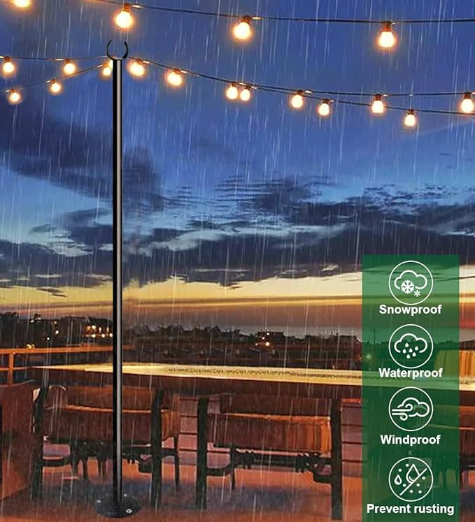 10ft String Light Poles for Deck Fence, Light Poles for Outdoor String Light, Perfect for Garden, Backyard, and Patio Lighting Stand for Parties, Wedding - Matte Black Finish - 2 Pack