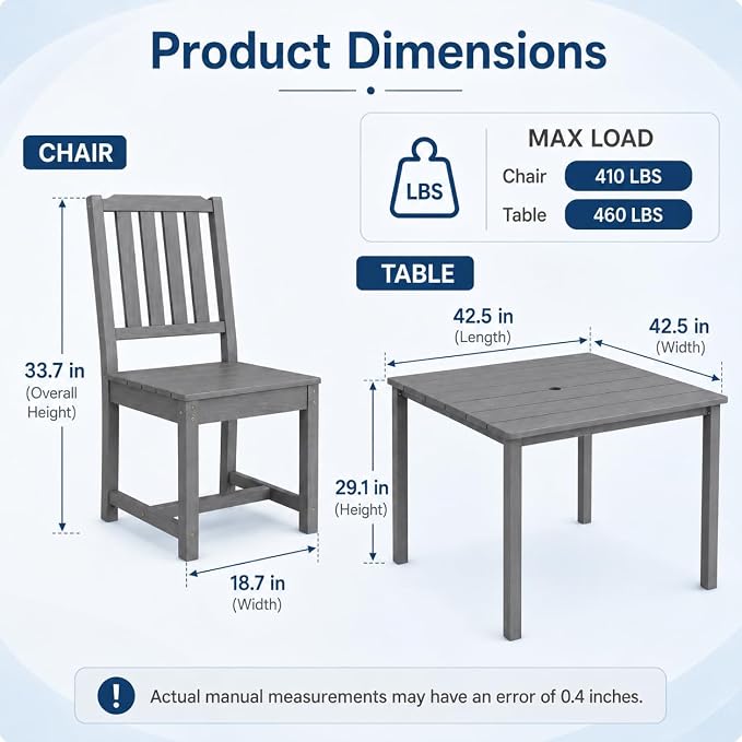 HDPE Outdoor Dining Set for 4, Square Table & Chairs Set | • All-Weather Polywood Composite • 410 lbs Heavy-Duty Support • Built-In 2" Umbrella Hole • Easy Soap-Water Wash