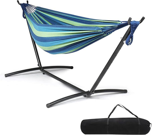 ONCLOUD Heavy Duty 550 LBS Double Hammock with Stand Included with Portable Carrying Bag, Upgraded 2 Person Hammock with Frame for Outdoors & Indoors, Series TDCTZ2 - Blue Green Stripe