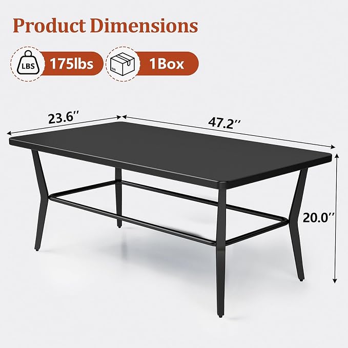 ALAULM Patio Coffee Table Rectangle, Outdoor Large Side Teatables Table-Weather Resistant Metal Steel for Patio, Backyard, Pool,Lawn(Black)