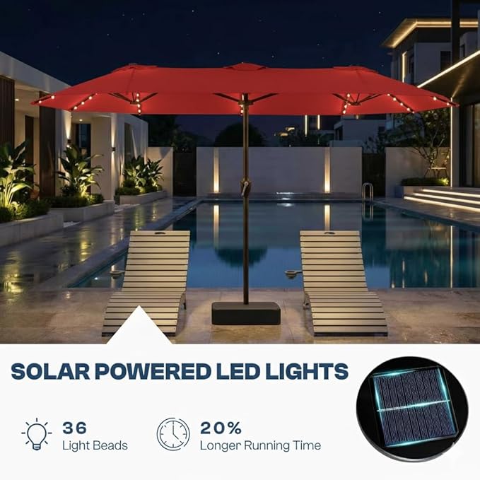 15FT Patio Umbrella with Solar Lights, Double-Sided Extra Large Outdoor Table Umbrella with Base Included, Heavy-Duty 12 Iron Ribs Market Umbrella for Garden, Pool, Backyard, Red