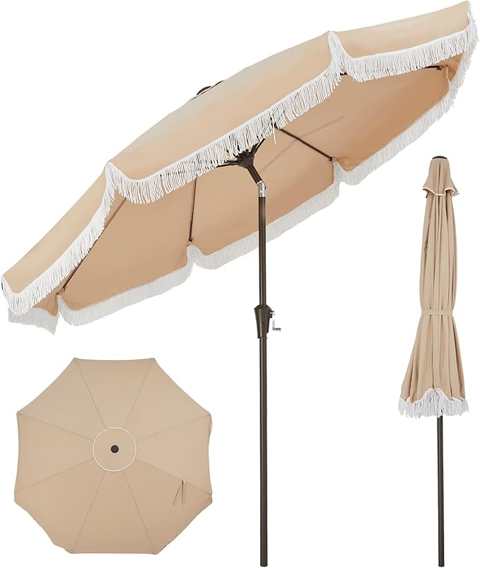 Garvee 10FT Fringe Patio Umbrella with Crank Handle, Push Button Tilt for Sun Shade, 8 Fiberglass Ribs, 1.5"D Premium Steel Pole, Outdoor Large Tassel Umbrella for Patio Beach Pool Backyard, 10' Beige