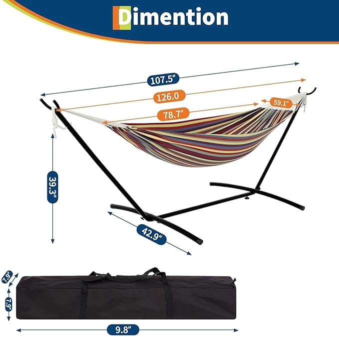 Double Hammock with Space Saving Steel Stand Carrying Case, 450 Lb Capacity, Hammock with Stand for Outside