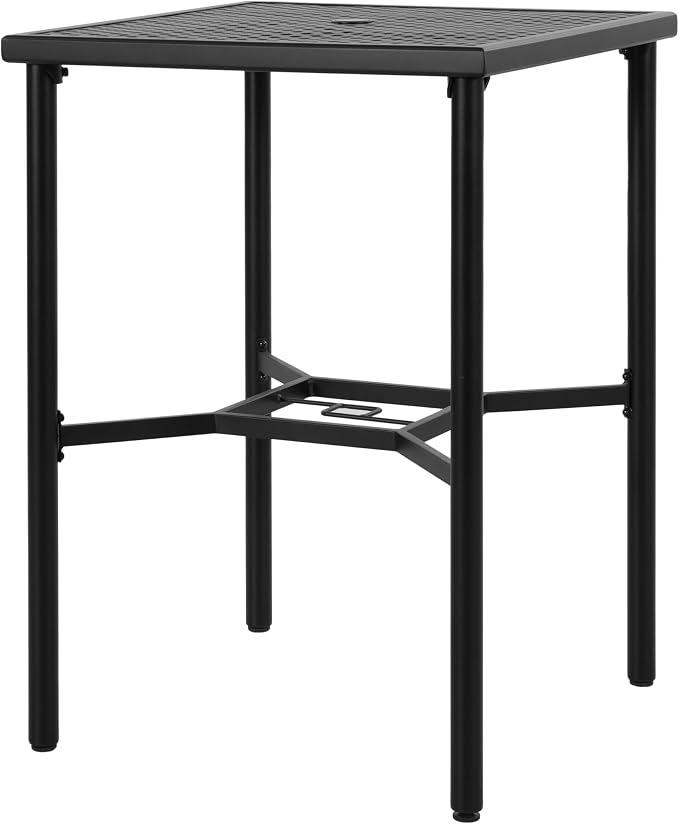 NUU GARDEN Outdoor Height Bar Table, 28" Square Patio Bistro Table with 1.57" Umbrella Hole and Mesh Metal Tabletop, Powder-Coated Metal Outside Furniture for Garden Lawn Poolside, Black with Gold