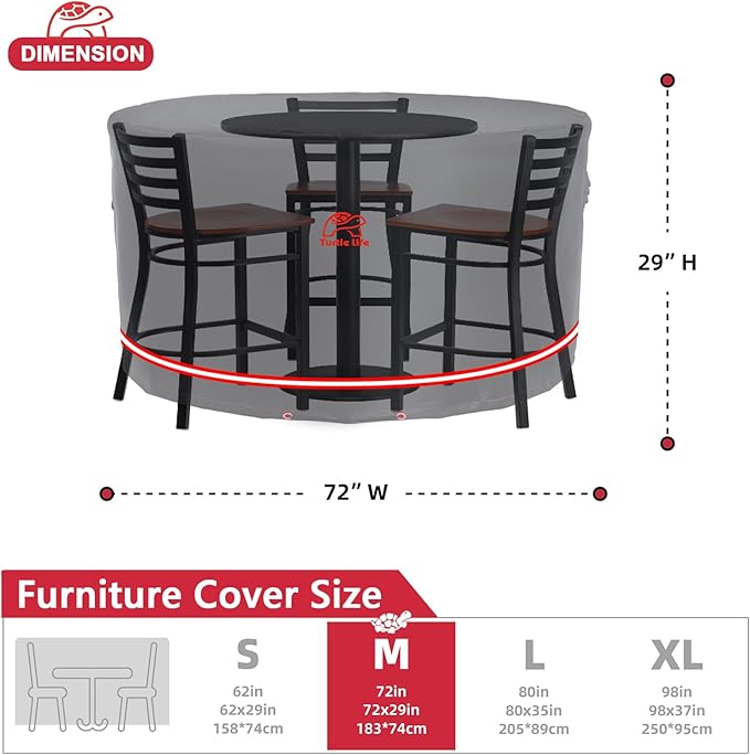 Turtle Life Patio Furniture Sets Cover, Heavry Duty Round Outdoor Dinning Table and Chairs Cover, Anti-Fading Cover for Outdoor Furniture Set, Black, Dia 72" x 29" H