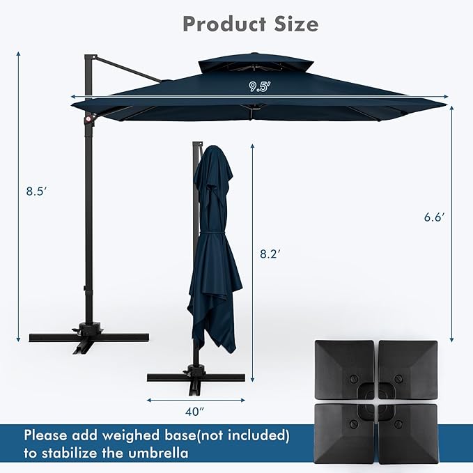 Tangkula 9.5 FT Cantilever Patio Umbrella, Outdoor Square Offset Umbrella with 360° Rotation, Double Top Heavy Duty Patio Hanging Umbrella with Cross Base for Garden Deck Pool Backyard (Navy)