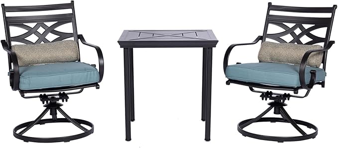 Hanover Montclair 3-Piece Outdoor Bistro Set with 2 Swivel Rocker Chairs with Comfortable Seat and Lumbar Cushions, 27" Square Stamped Rectangle Table, All-Weather Patio Conversation Set