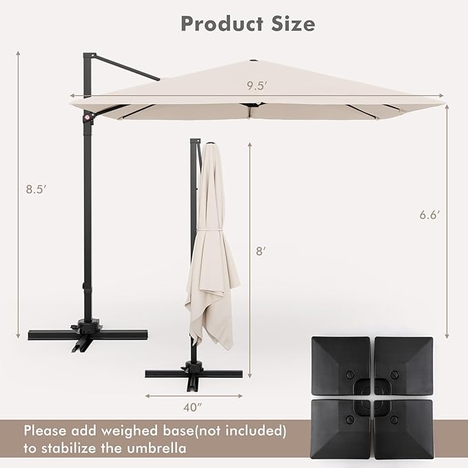 Tangkula 9.5 FT Cantilever Patio Umbrella, Outdoor Square Offset Umbrella with 360° Rotation, Heavy Duty Patio Hanging Umbrella with Cross Base for Garden Deck Pool Backyard (Beige)