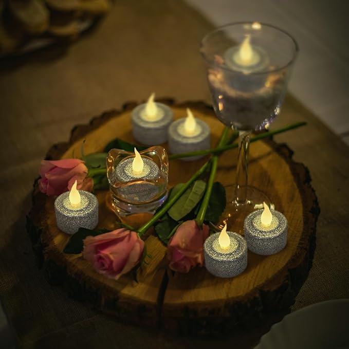 FURORA LIGHTING Silver Glitter LED Tealight Candles Pack of 12, Flameless Flickering Tealight Candles for Home Décor, 1.5’’(W) x 1.65’’(H), Battery Operated