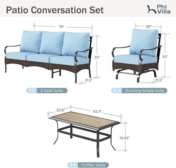 PHI VILLA Outdoor Modern Patio Furniture Set, Upgraded Wicker & Metal Patio Furniture Conversation Set with Waterproof Thick Cushions for Porch, Poolside, Yard (4 Pieces,Blue)