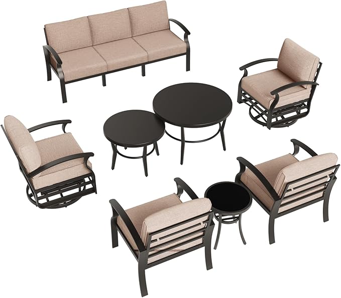 Aluminum Patio Furniture Set,7 Seats Outdoor Sectional with 2 Round Coffee Tables,Patio Conversation Sets w/5.1" Upgraded Thick Cushions for Backyard, Garden and Poolside,Sand